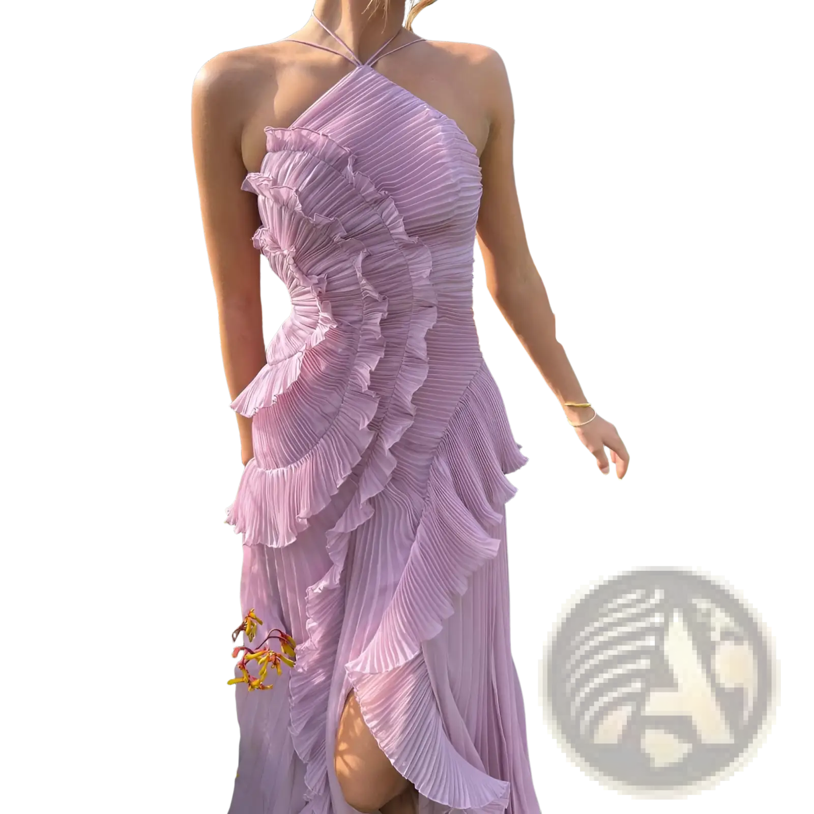 A delicate lavender asymmetrical ruffled chiffon halterneck evening dress with pleated fabric and cascading ruffles