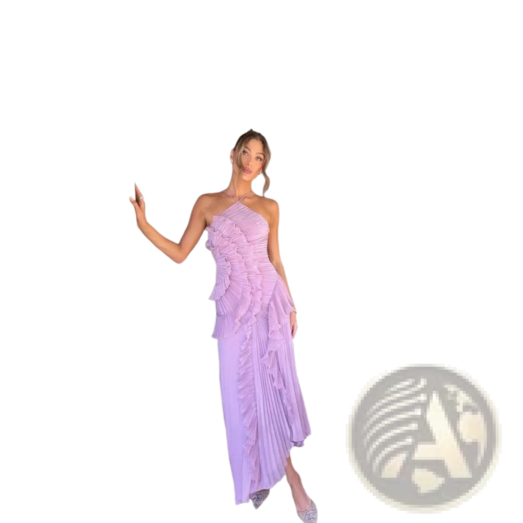 A lavender asymmetrical ruffled chiffon maxi evening dress with one-shoulder design and pleated fabric detail