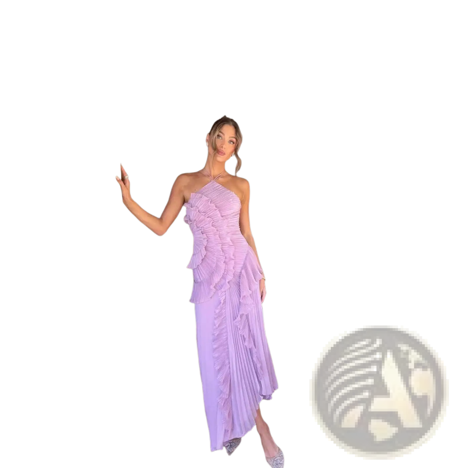 A lavender asymmetrical ruffled chiffon maxi evening dress with one-shoulder design and pleated fabric detail