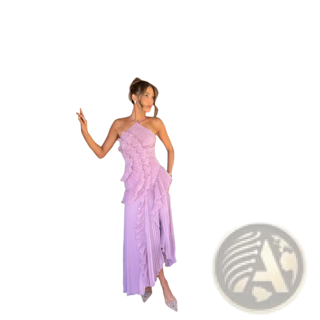 A flowing lavender chiffon maxi dress with ruffles and an asymmetrical one-shoulder halterneck design for evening wear