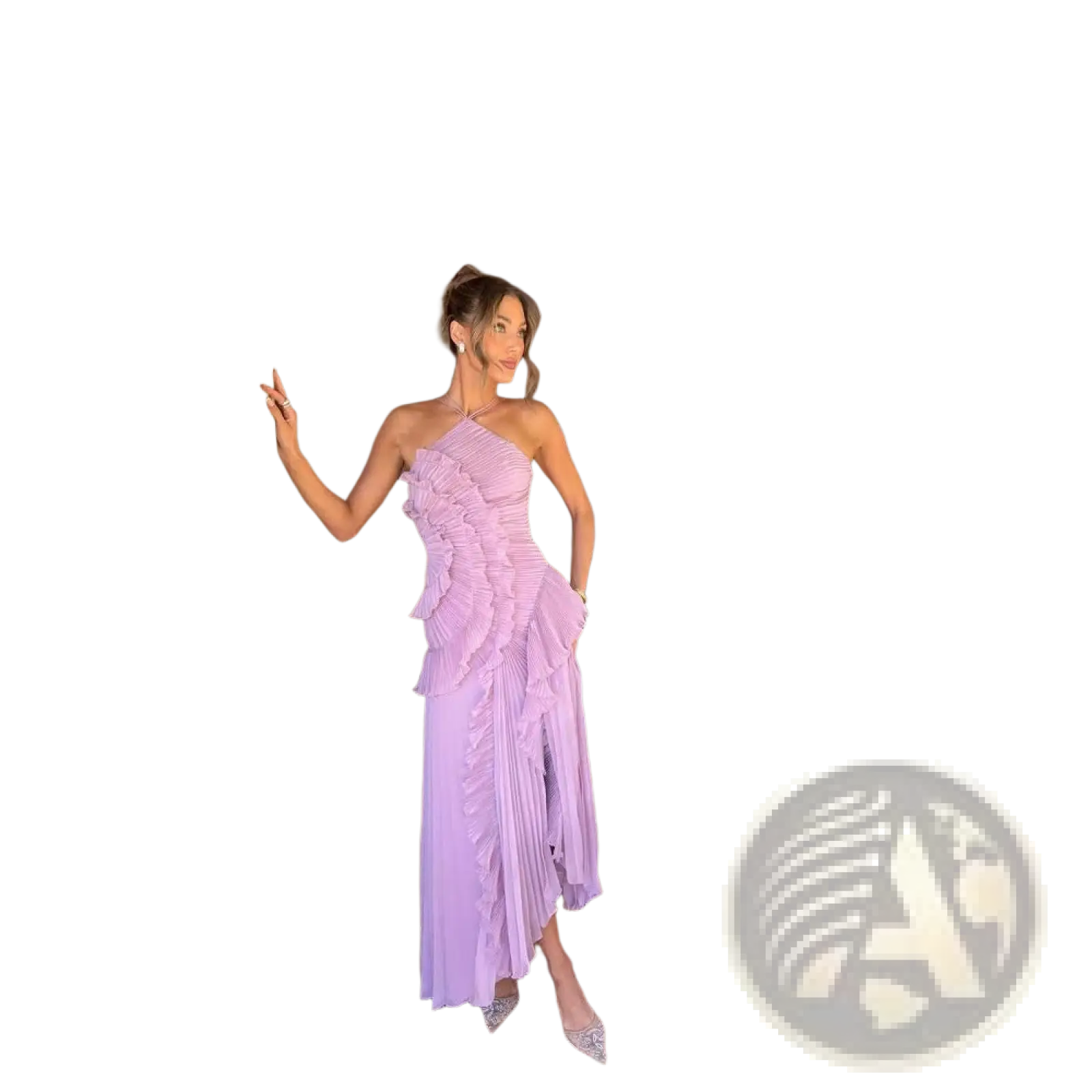 A flowing lavender chiffon maxi dress with ruffles and an asymmetrical one-shoulder halterneck design for evening wear