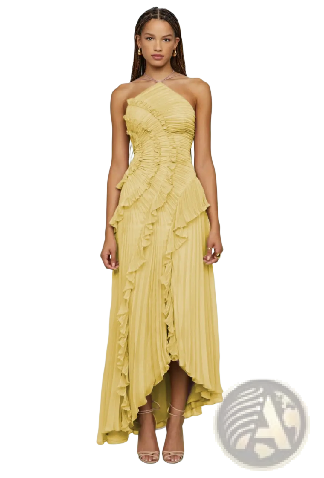 A flowing yellow chiffon asymmetrical ruffled maxi dress with one-shoulder design for evening wear