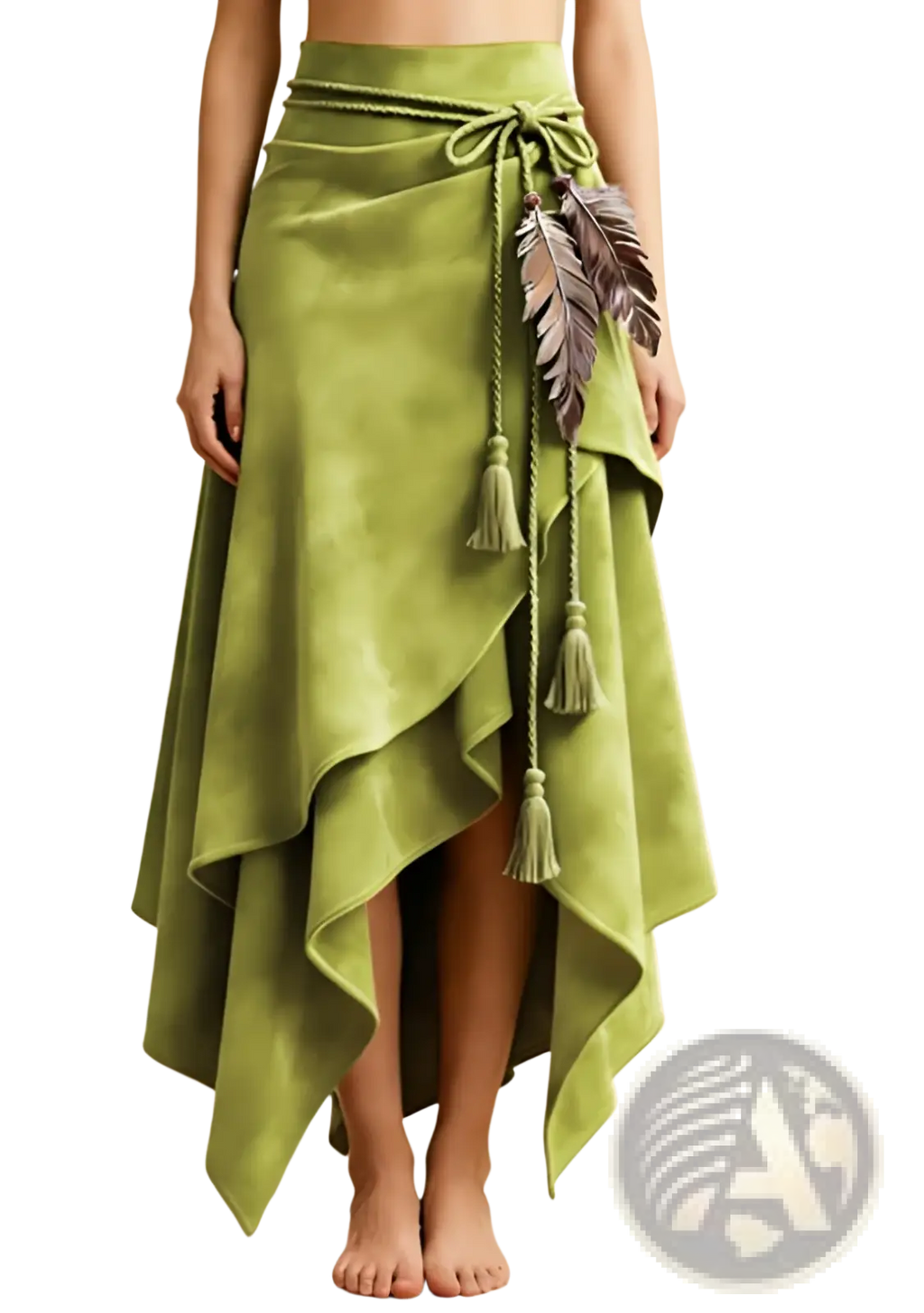 A vibrant olive-green velvet wrap skirt with asymmetrical hemline tied belt and decorative feather tassels