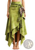 A vibrant olive-green velvet wrap skirt with asymmetrical hemline tied belt and decorative feather tassels