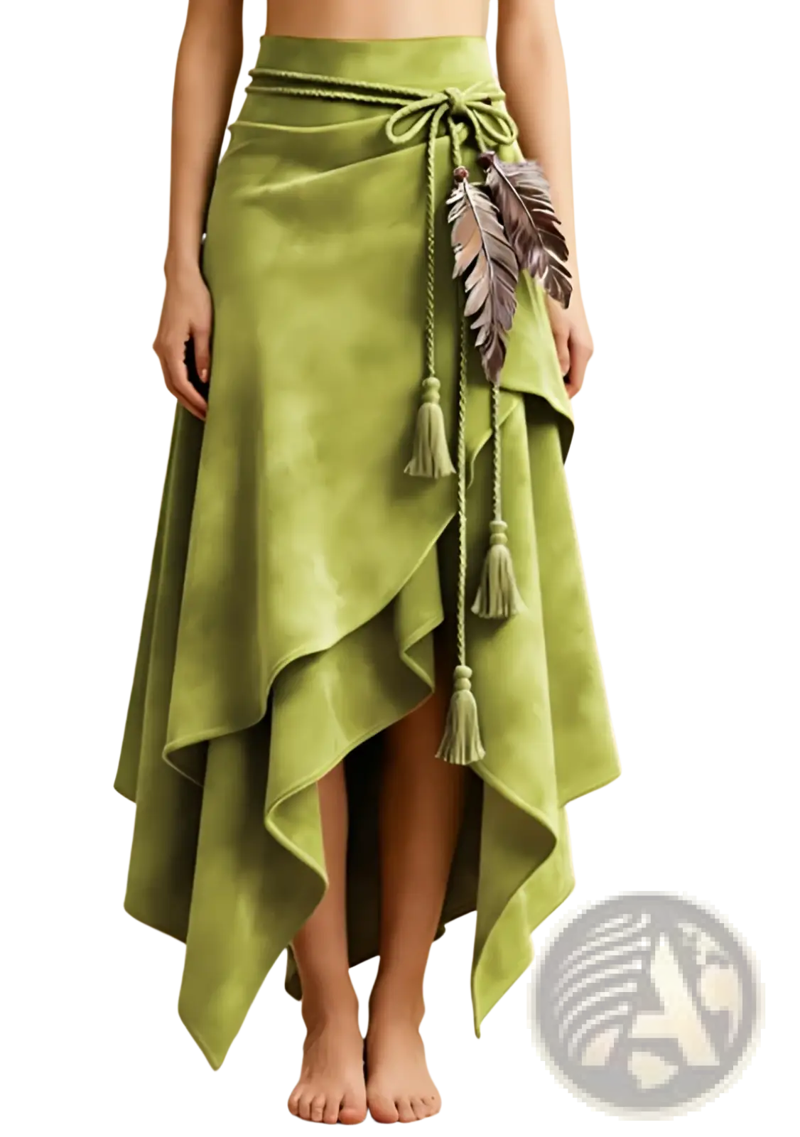 A vibrant olive-green velvet wrap skirt with asymmetrical hemline tied belt and decorative feather tassels