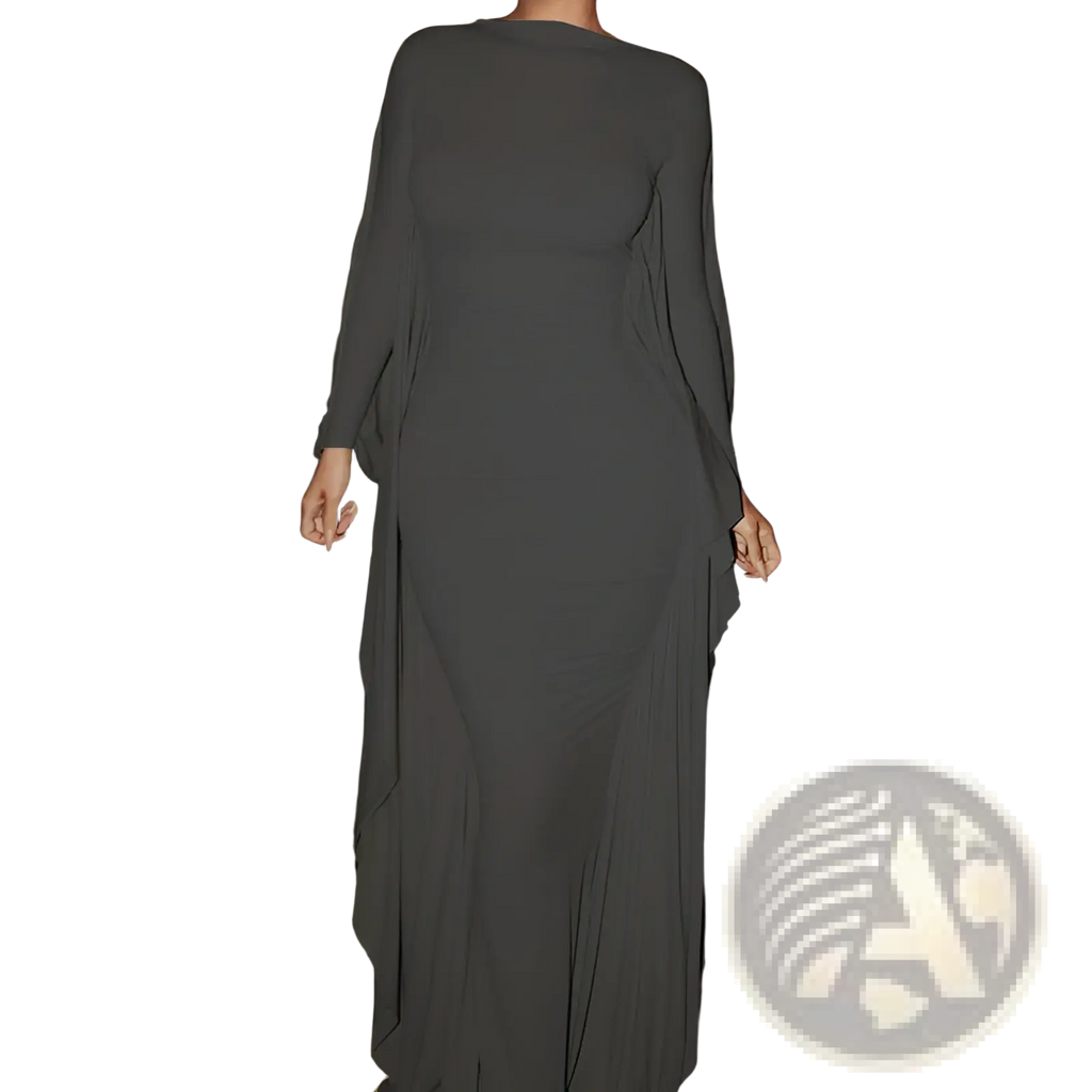 A flowing dark gray asymmetrical satin maxi dress with batwing sleeves shown from the back side