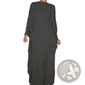 A flowing dark gray asymmetrical satin maxi dress with batwing sleeves shown from the back side