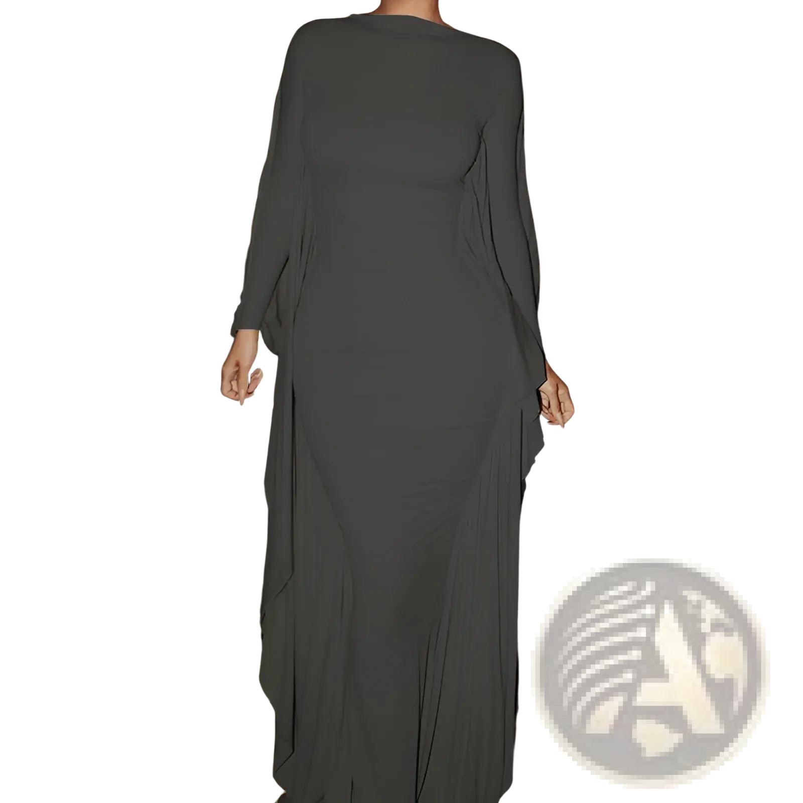 A flowing dark gray asymmetrical satin maxi dress with batwing sleeves shown from the back side