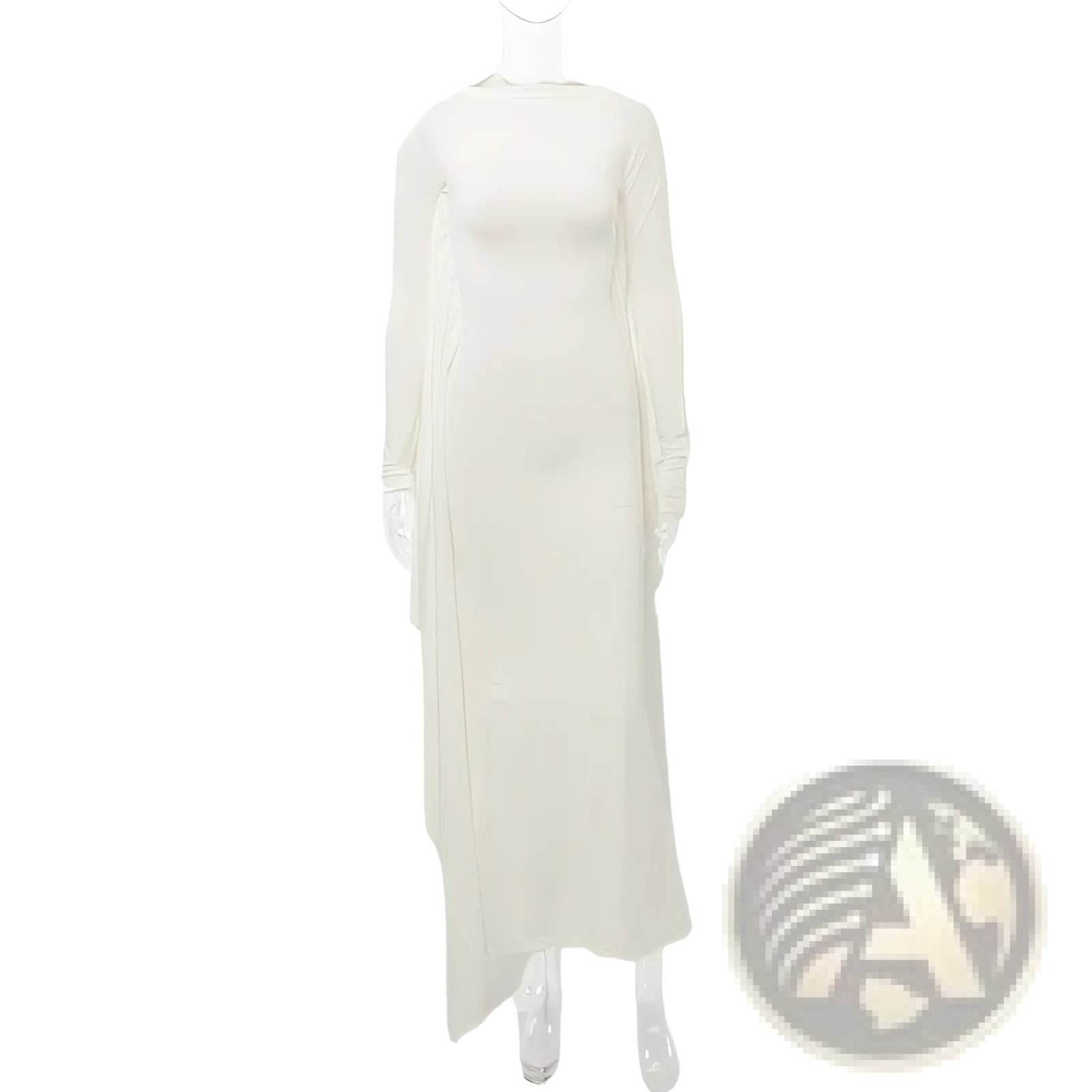 A flowing off-white satin asymmetrical batwing sleeve maxi dress with long sleeves and high neckline on a mannequin