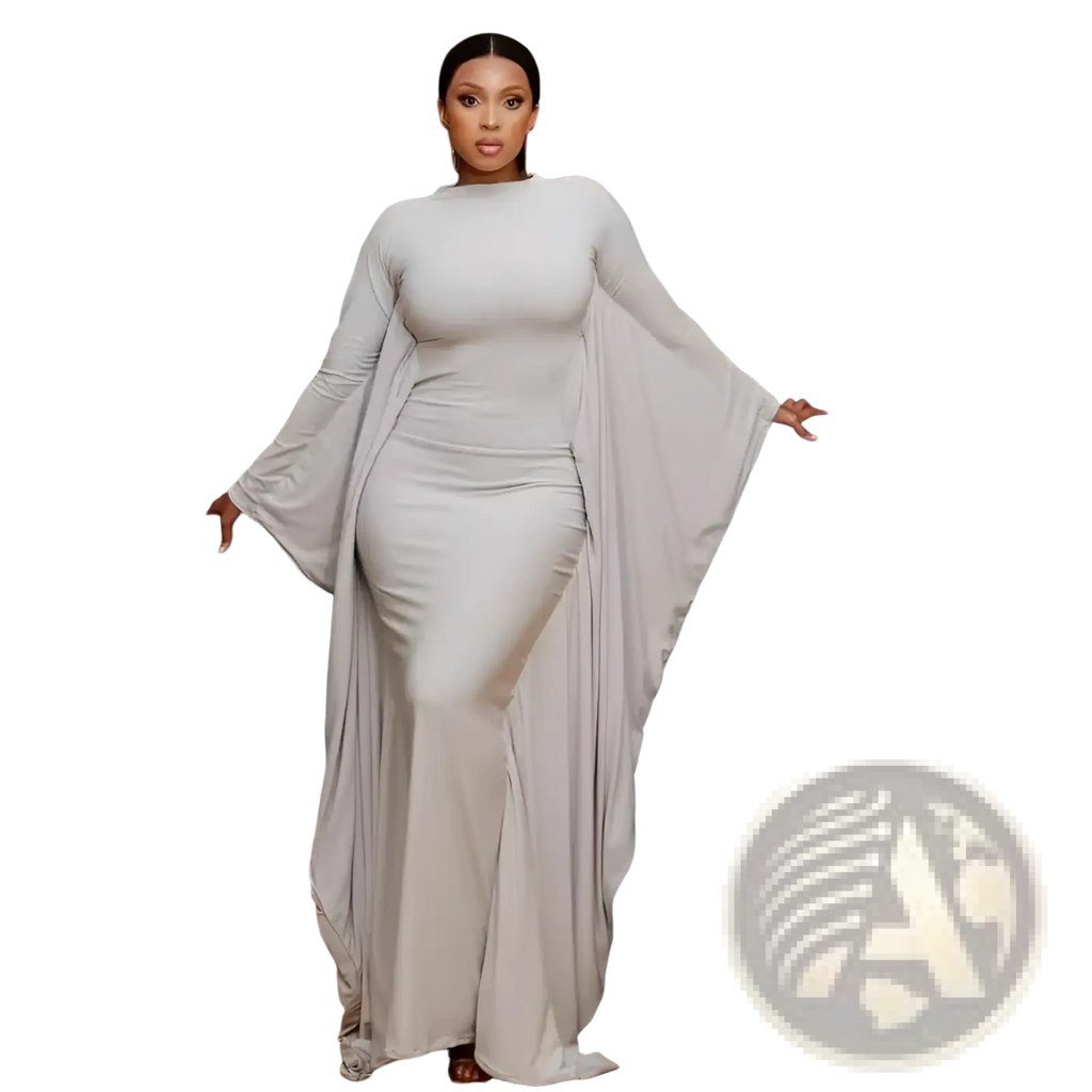 A flowing light gray satin asymmetrical batwing sleeve maxi dress with high neckline and bell-shaped long sleeves