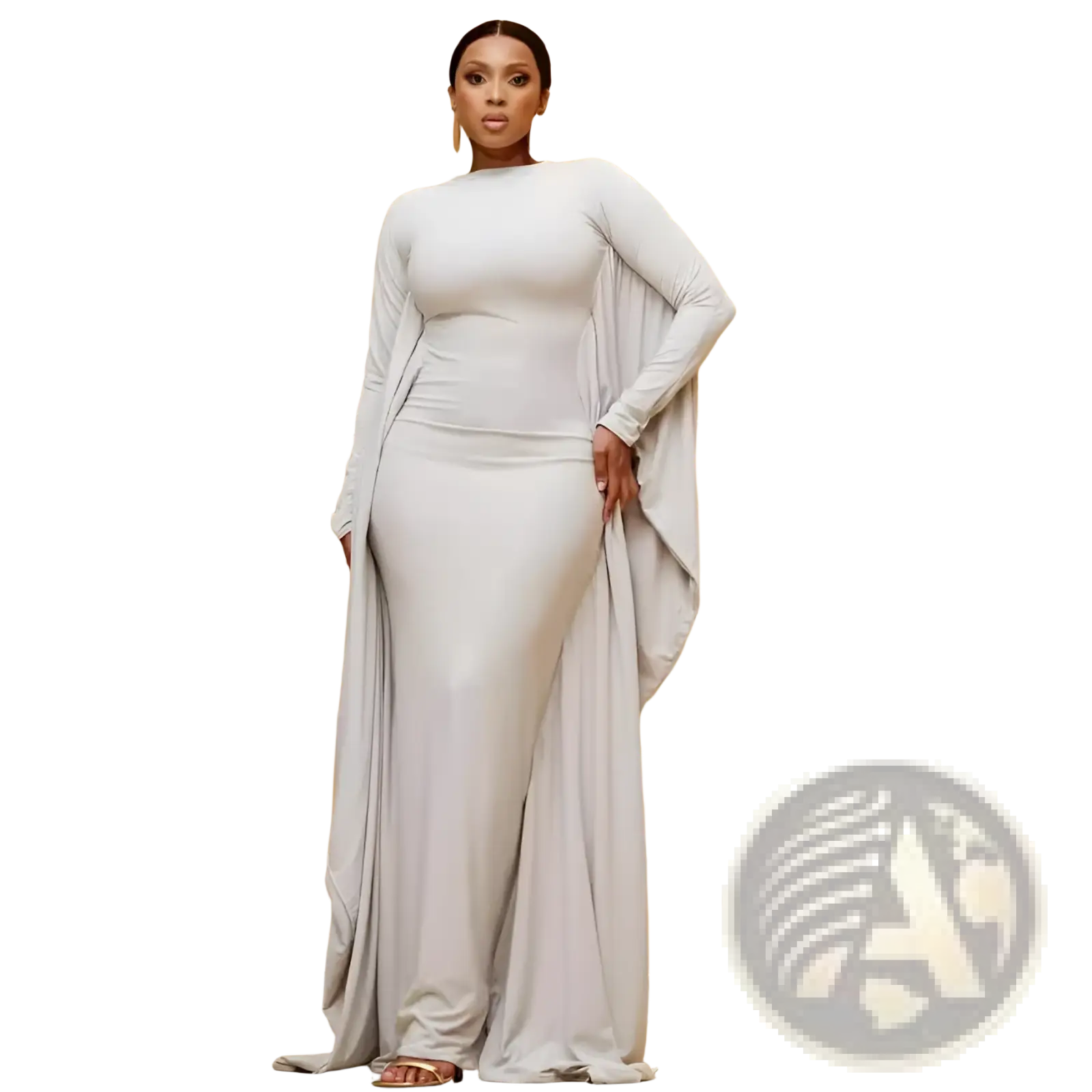 A sleek light gray satin asymmetrical maxi dress with batwing long sleeves and a flowing cape-like overlay