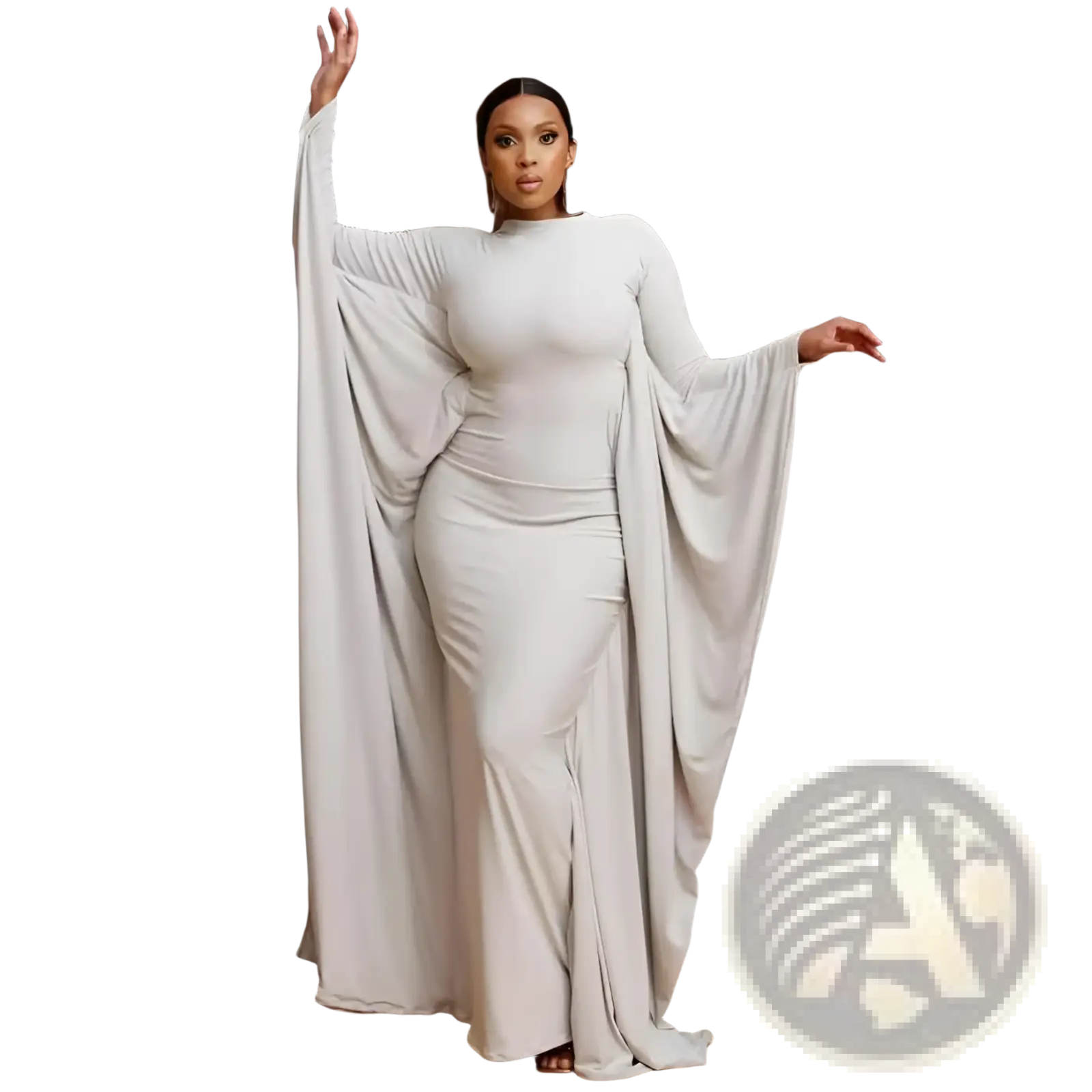 An off-white asymmetrical satin maxi dress with batwing sleeves and a high neckline