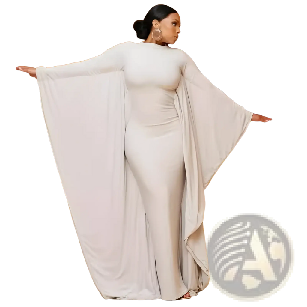 Off-white asymmetrical satin maxi dress with batwing cape sleeves and a form-fitting silhouette