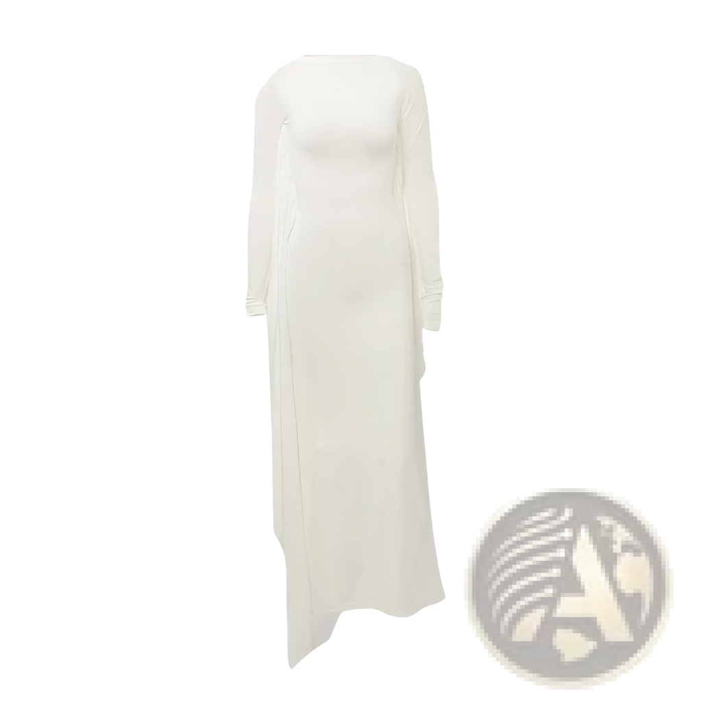 A flowing off-white satin maxi dress with batwing long sleeves, high neckline, and asymmetrical hemline