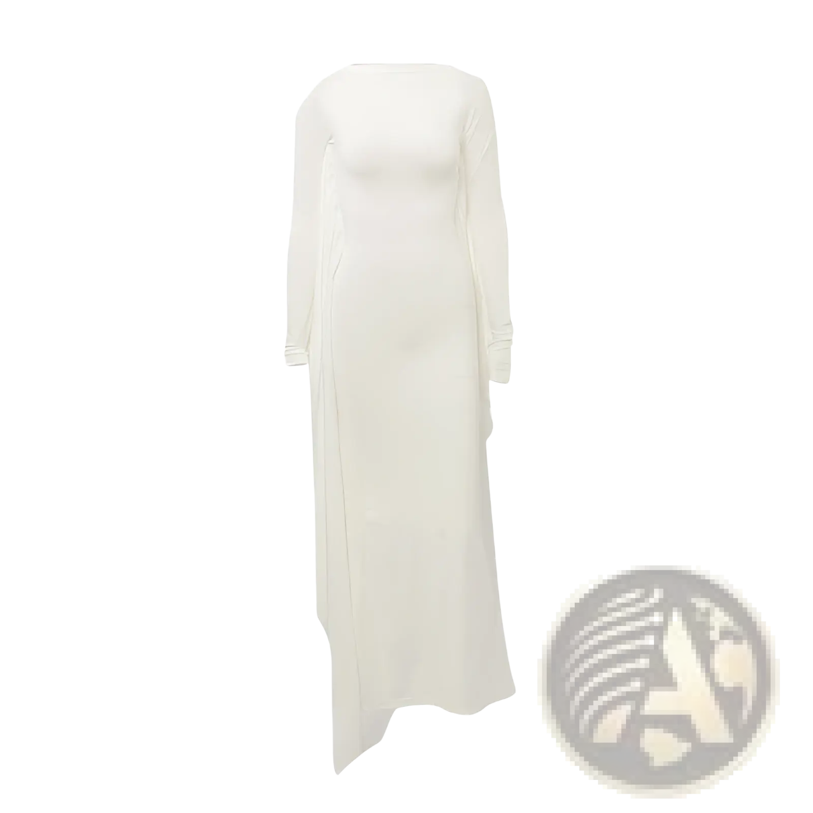 A flowing off-white satin maxi dress with batwing long sleeves, high neckline, and asymmetrical hemline