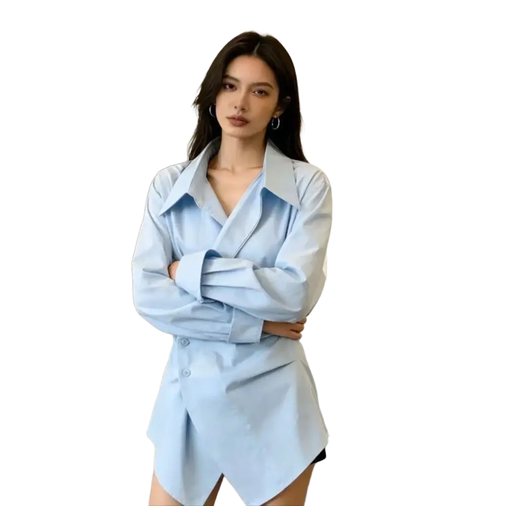 Light blue oversized button-up shirt dress with collar and asymmetrical hemline for formal wear