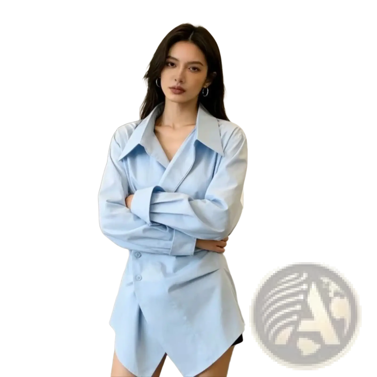 Light blue oversized button-up shirt dress with collar and asymmetrical hemline for formal wear