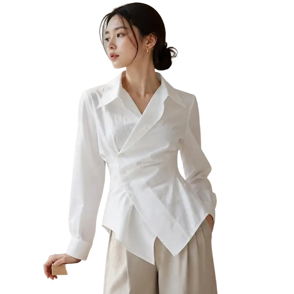 White long-sleeved formal blouse with structured collar and asymmetrical v-neck front design for professional wear
