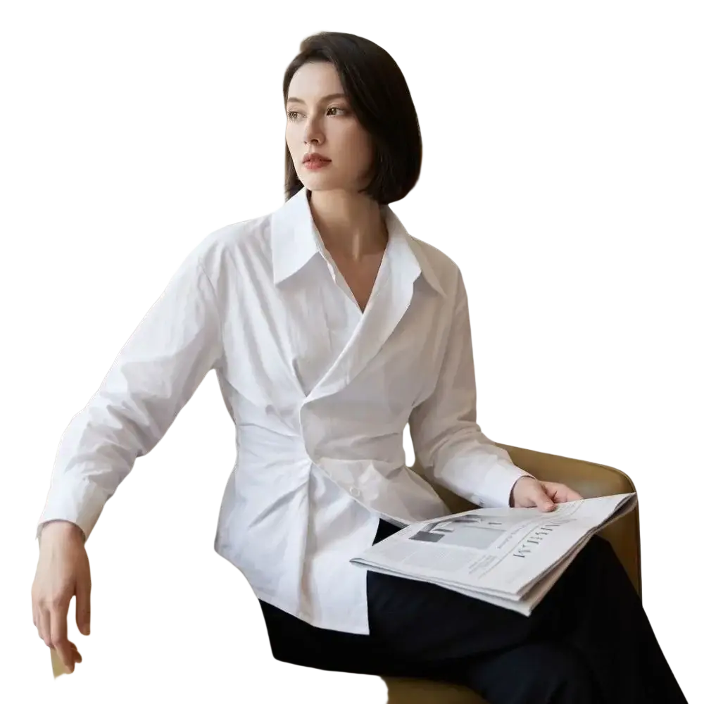 White long-sleeved asymmetrical v-neck formal blouse with wrap-style front and subtle pleating at the waist