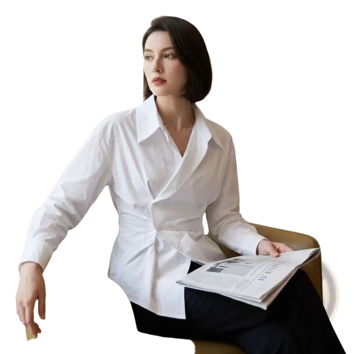 White long-sleeved asymmetrical v-neck formal blouse with wrap-style front and subtle pleating at the waist