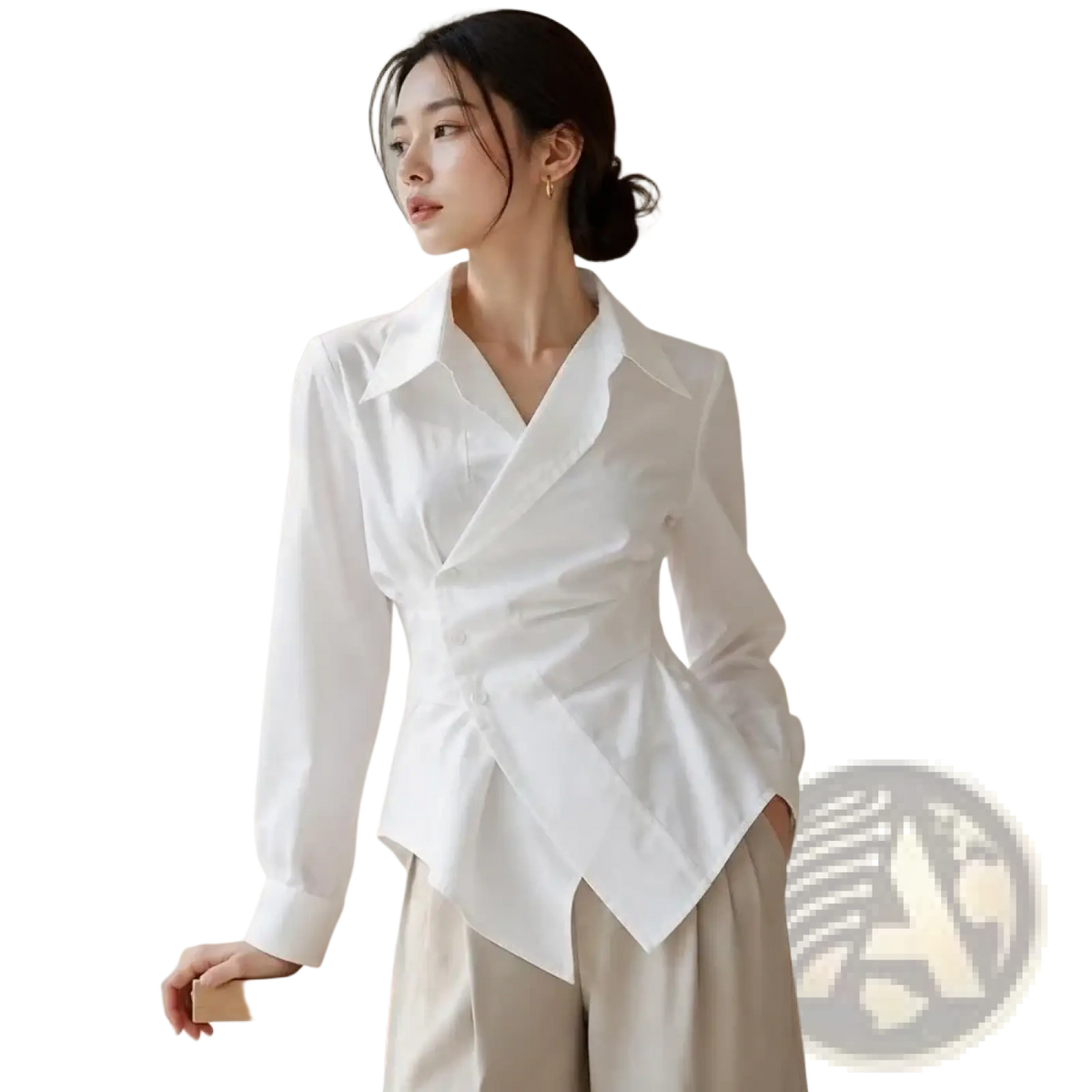 White long-sleeved formal blouse with structured collar and asymmetrical v-neck front design for professional wear
