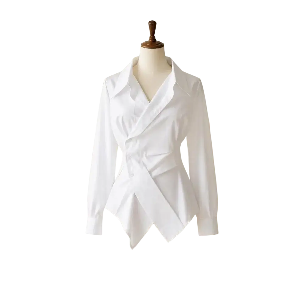 White long-sleeved asymmetrical v-neck formal blouse with structured collar and cinched waist for elegant wear