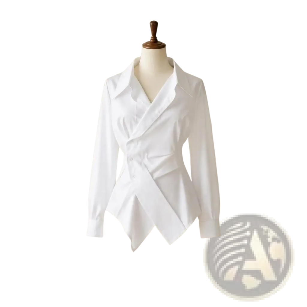 White long-sleeved asymmetrical v-neck formal blouse with structured collar and cinched waist for elegant wear