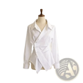 White long-sleeved asymmetrical v-neck formal blouse with classic collar and button closure for professional wear