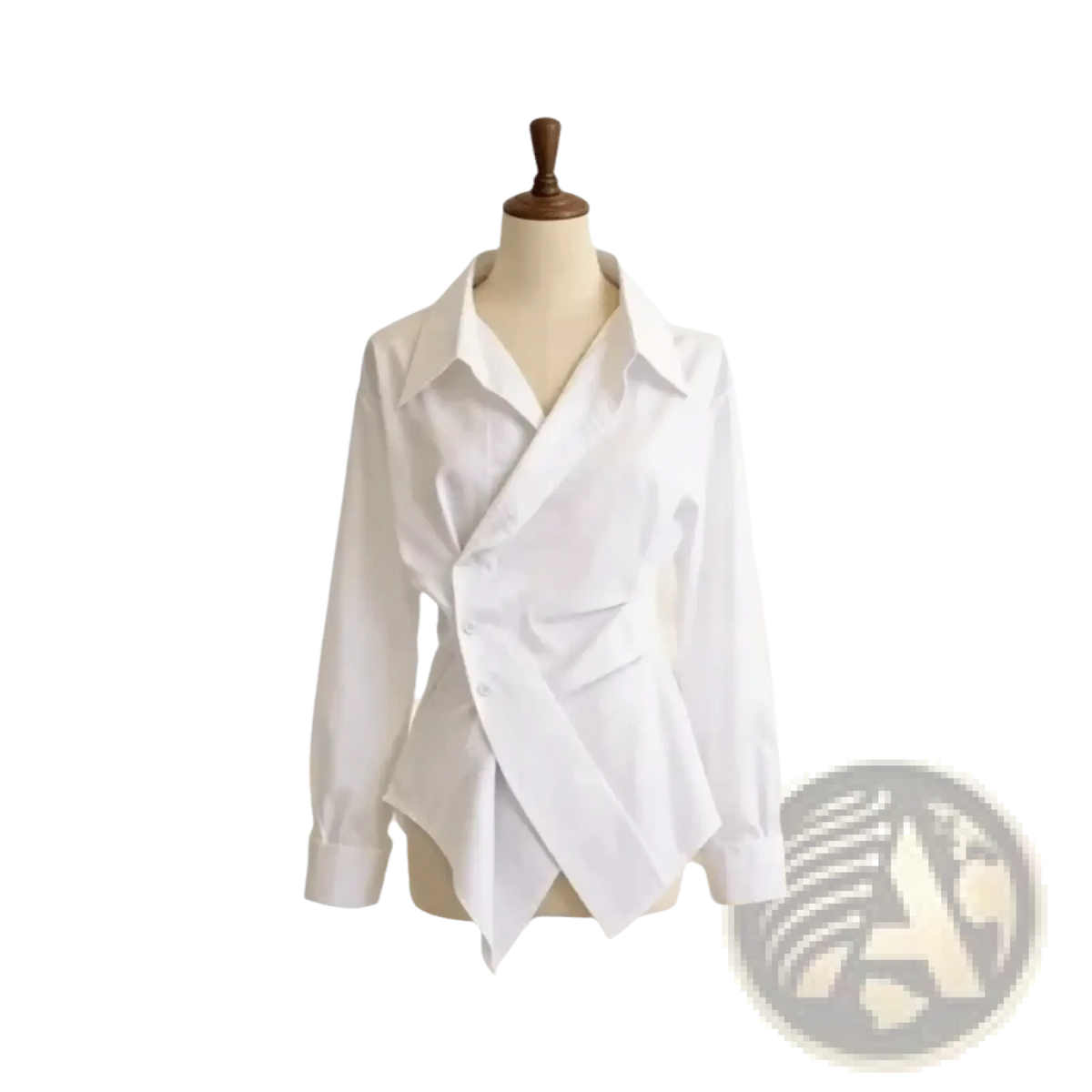 White long-sleeved asymmetrical v-neck formal blouse with classic collar and button closure for professional wear