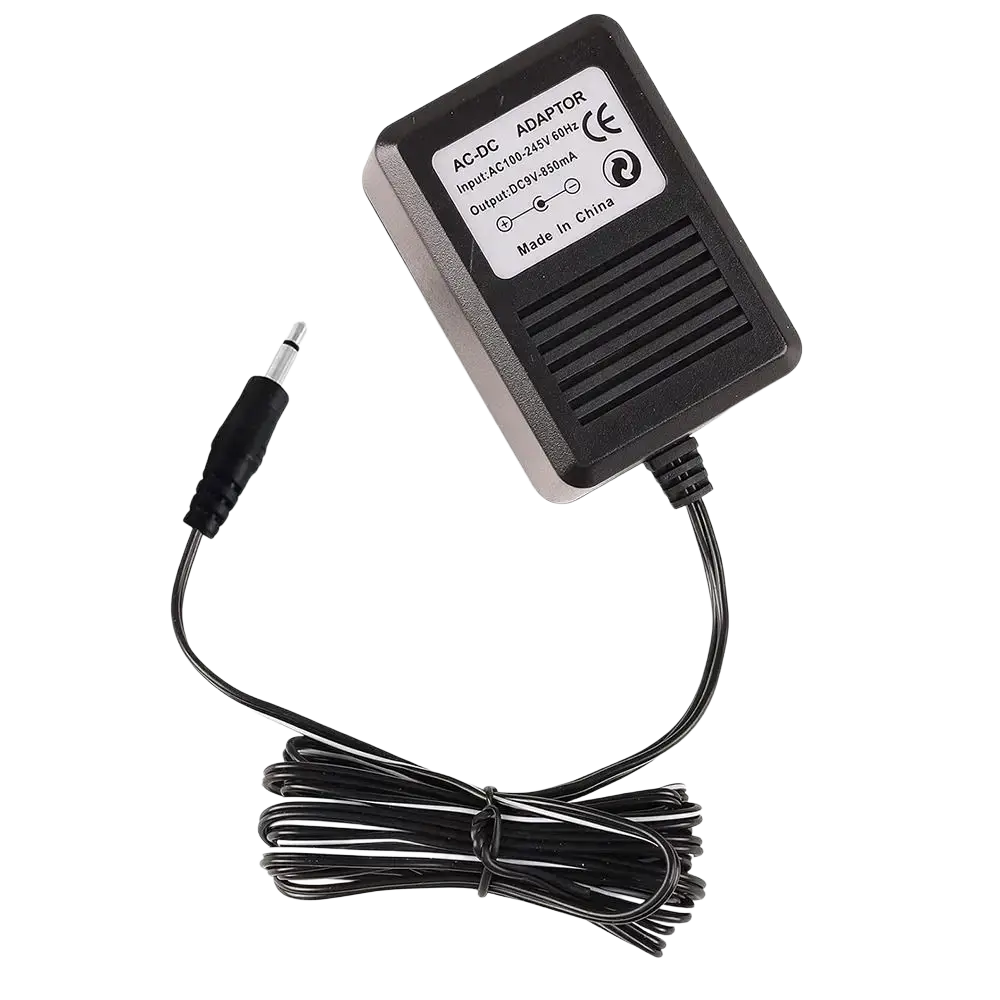 Black Atari 2600 replacement power supply us plug with coiled cord, 3.5mm audio jack, and input output label made in China