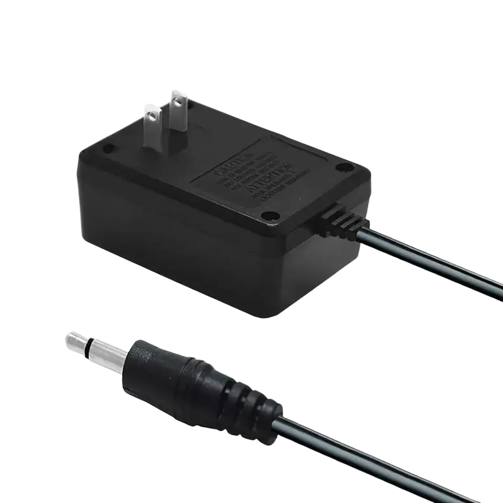 Black plastic atari 2600 replacement power supply us plug with 3.5mm audio jack and two-prong plug for portable devices