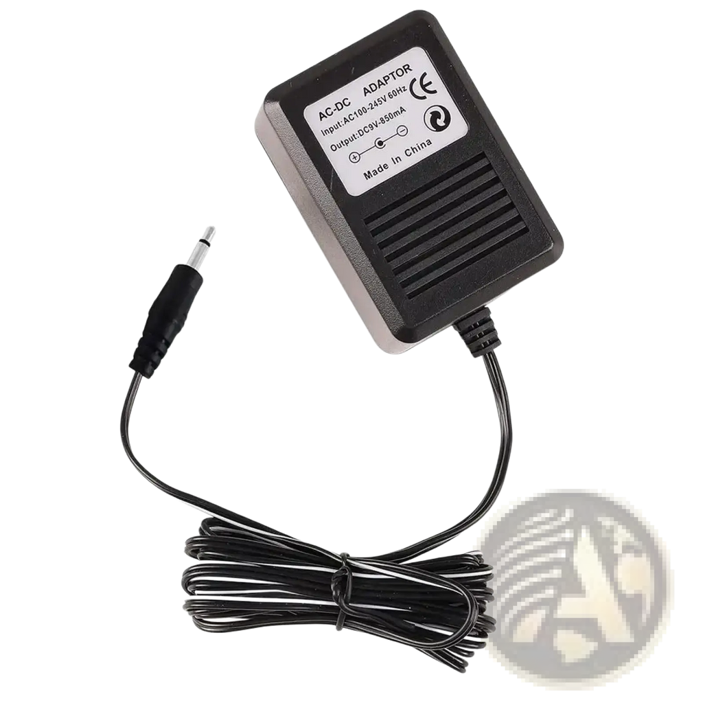 Black Atari 2600 replacement power supply us plug with coiled cord, 3.5mm audio jack, and input output label made in China