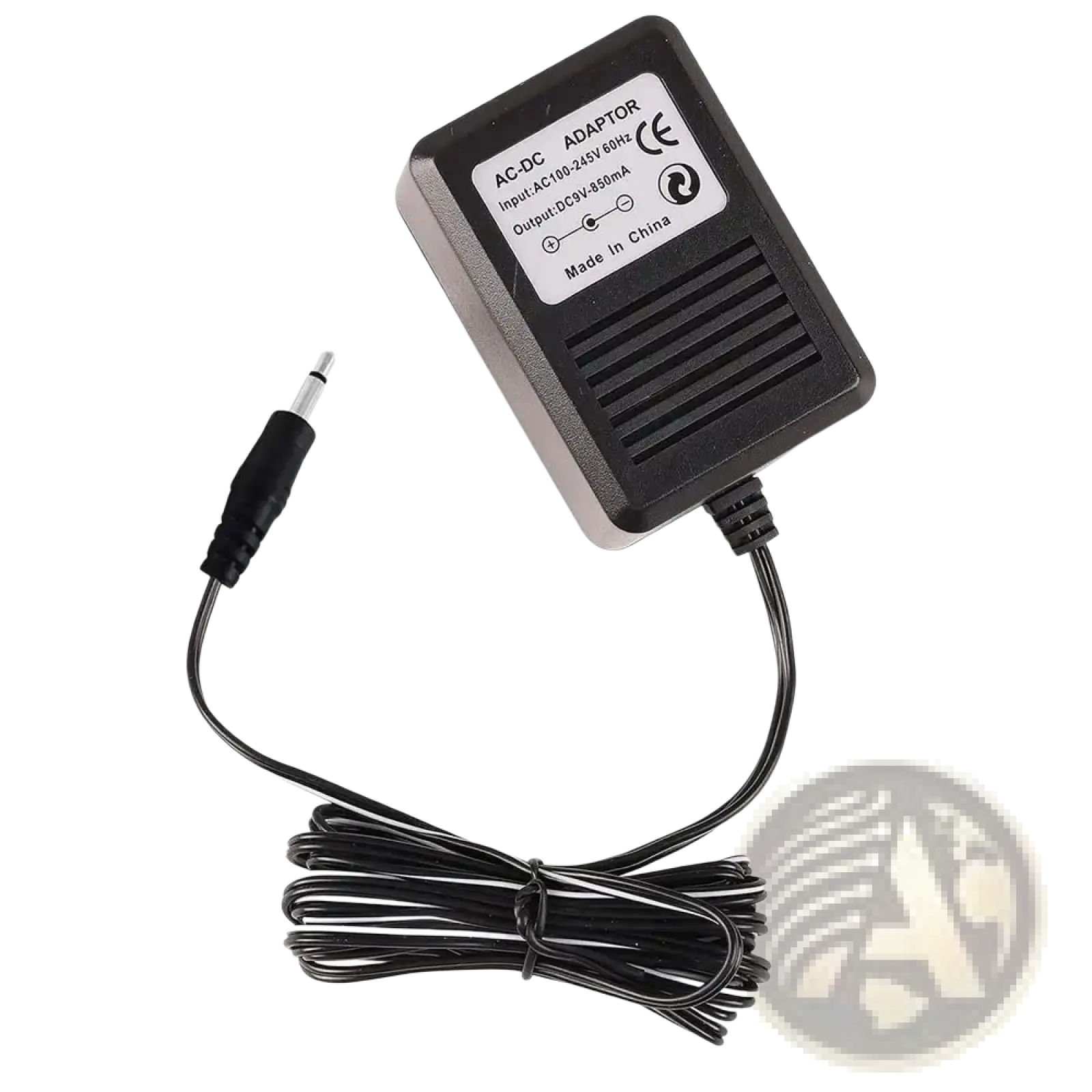 Black Atari 2600 replacement power supply us plug with coiled cord, 3.5mm audio jack, and input output label made in China