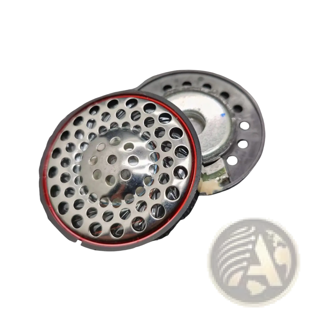Ath-ad900x replacement headphone speaker driver with circular metallic silver finish, perforated grille, and red trim