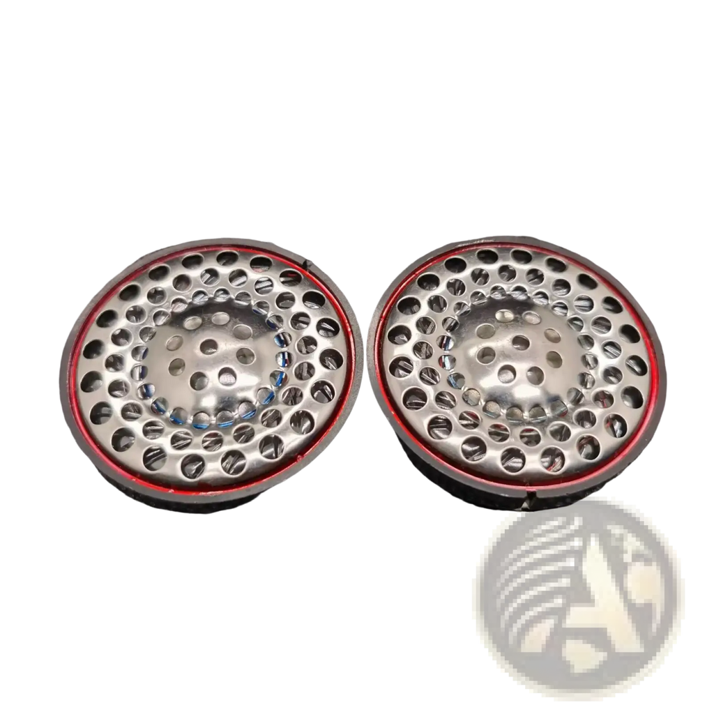 Silver-colored ath-ad900x replacement headphone speaker drivers with perforated metal grille and red inner ring