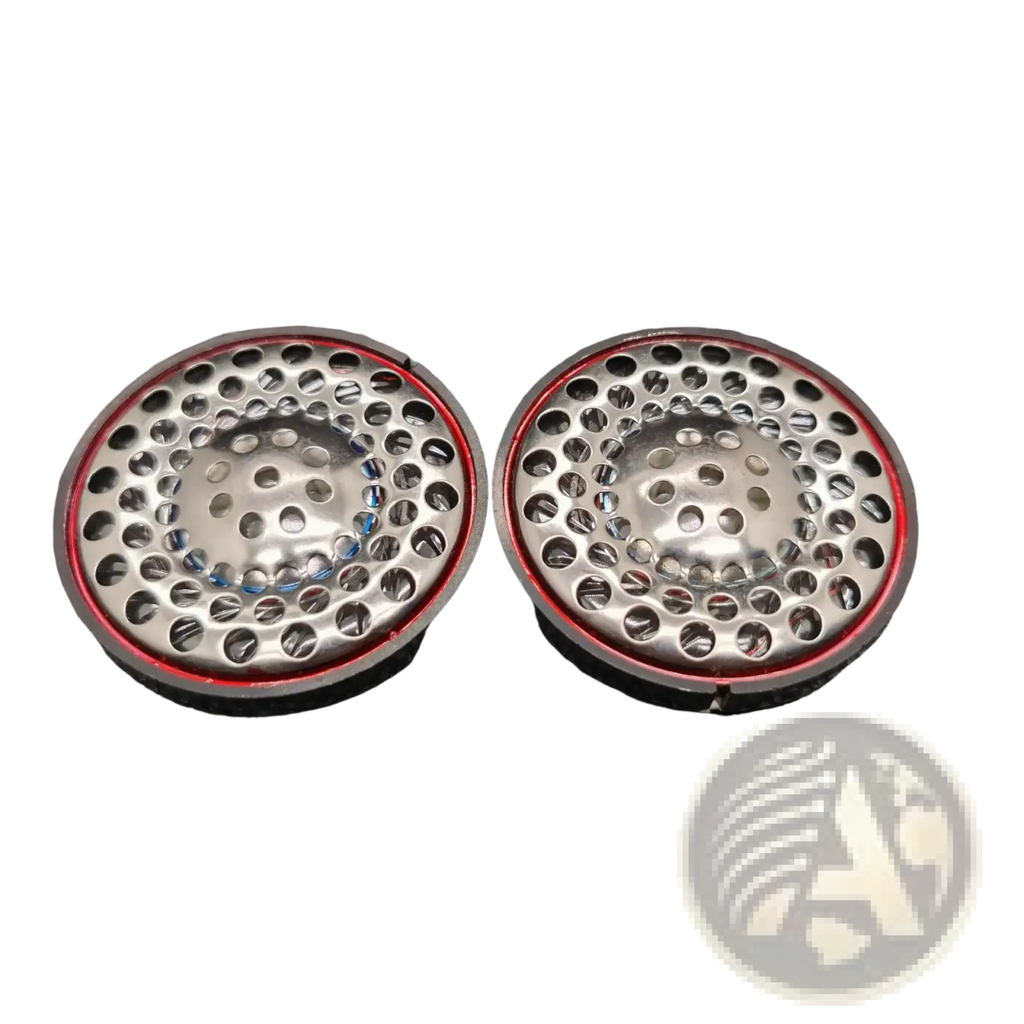 Ath-ad900x replacement headphone speaker drivers with circular metallic design, perforated grille, and red-rimmed edges