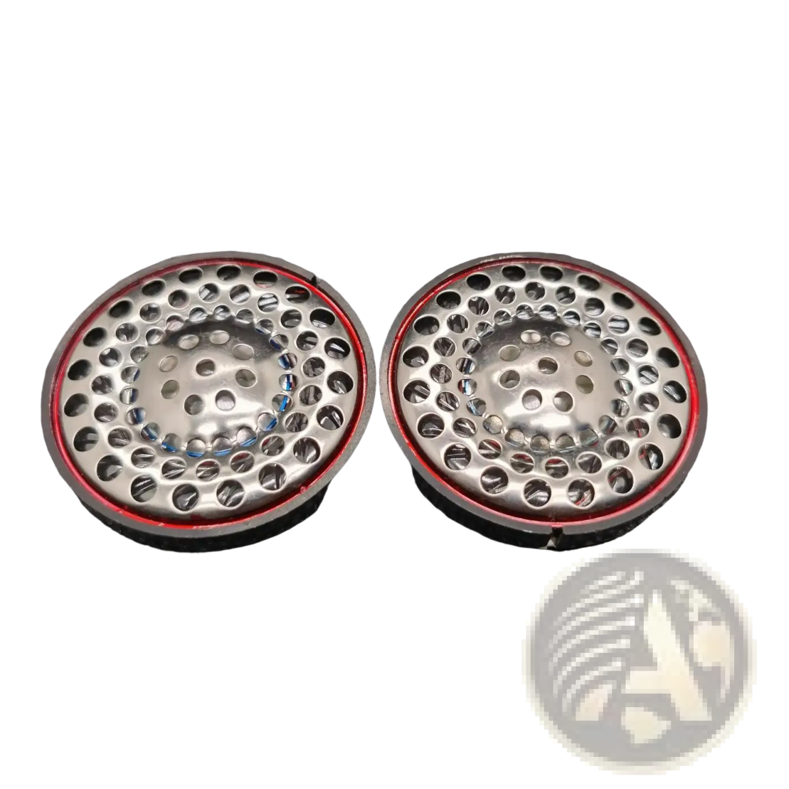 Ath-ad900x replacement headphone speaker drivers with circular metallic design, perforated grille, and red-rimmed edges