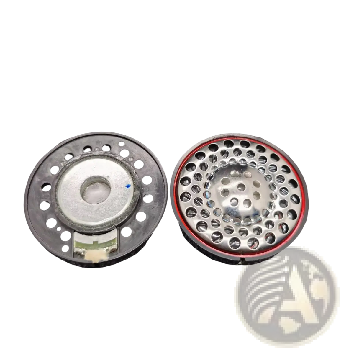 Ath-ad900x replacement headphone speaker drivers with black plastic housing and silver perforated metal grille with red trim