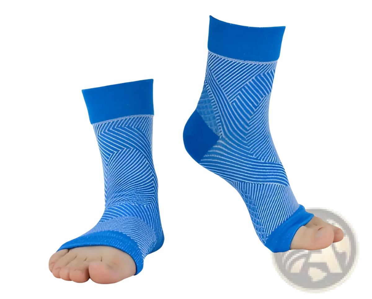 Blue athletic ankle compression sleeve support socks with textured pattern and reinforced heel for enhanced stability