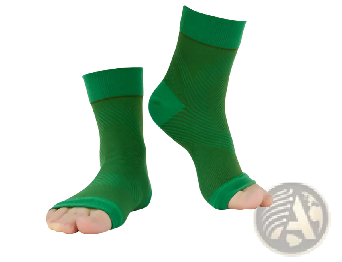 Green toe-separated athletic ankle compression sleeve support socks with ribbed cuff and textured pattern