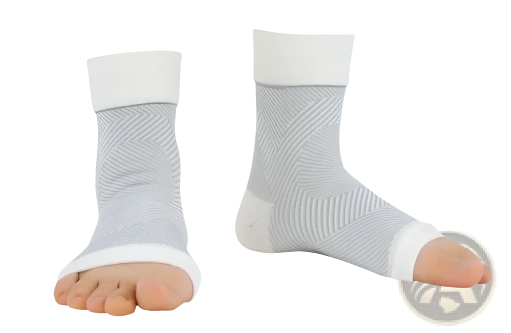 Gray athletic ankle compression sleeve support socks with white elastic cuffs and ribbed textured pattern