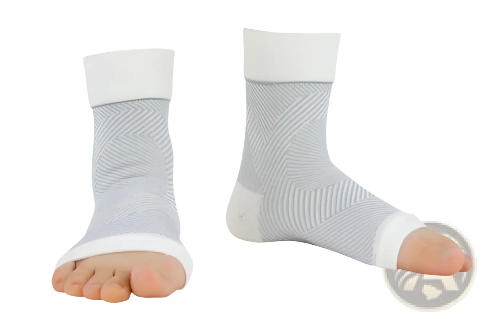 Gray athletic ankle compression sleeve support socks with white elastic cuffs and ribbed textured pattern