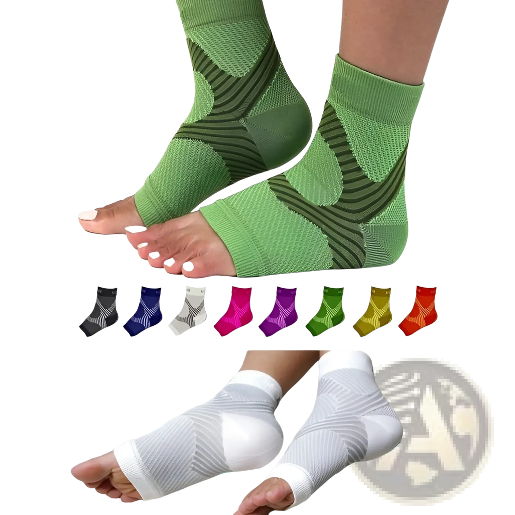 Athletic ankle compression sleeve support socks in green with textured design and reinforced arch area for support
