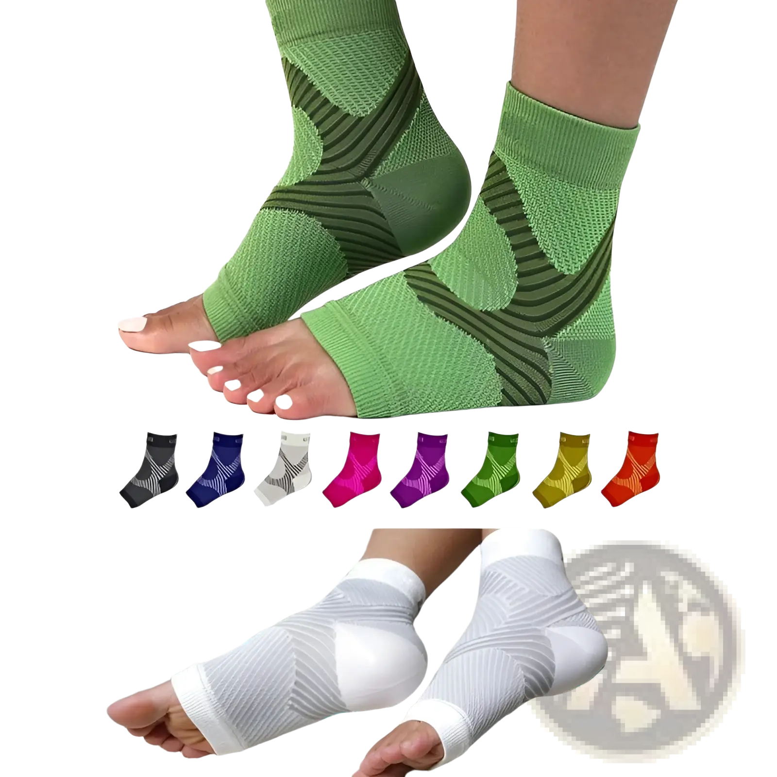 Athletic ankle compression sleeve support socks in green with textured design and reinforced arch area for support