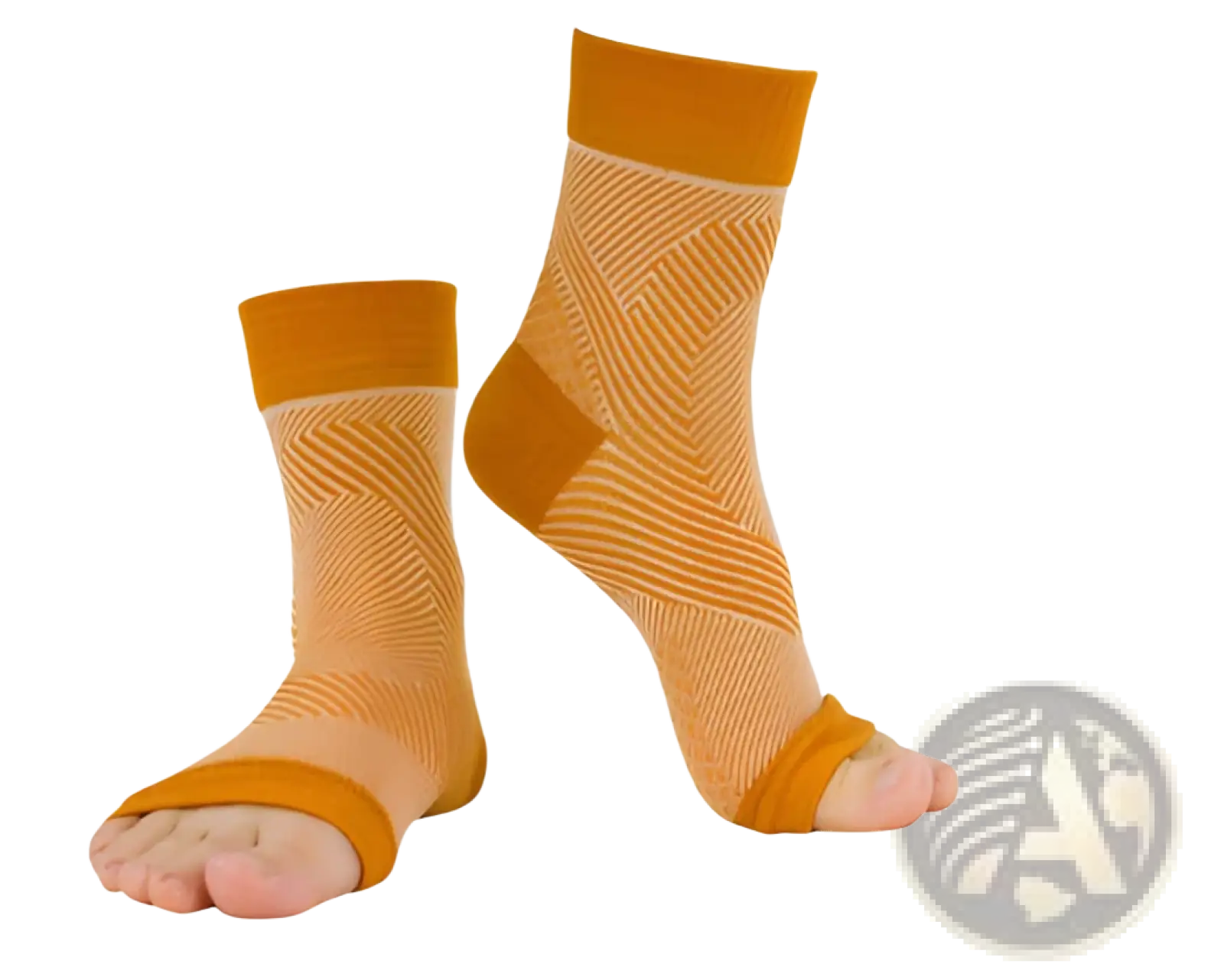Athletic ankle compression sleeve support socks in orange with a geometric pattern and ribbed cuffs showing the back side