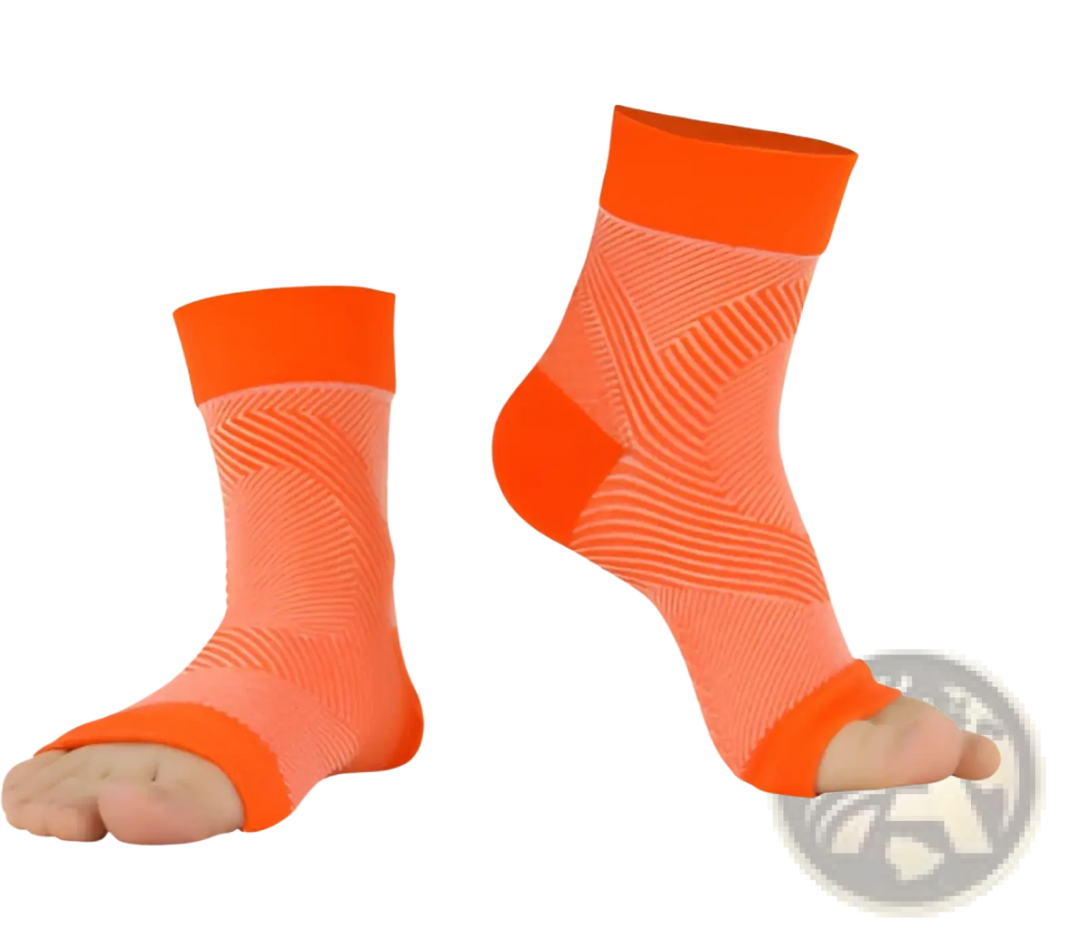 Bright orange athletic ankle compression sleeve support socks with ribbed texture and reinforced ankle cuffs