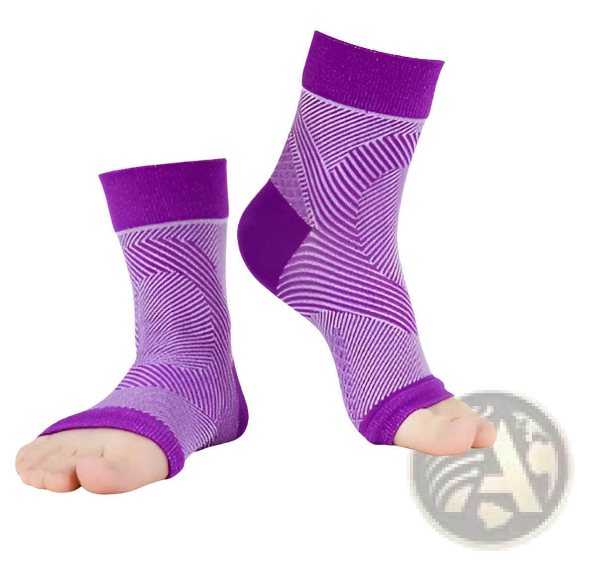 Purple athletic ankle compression sleeve support socks with geometric pattern and reinforced ankle cuffs