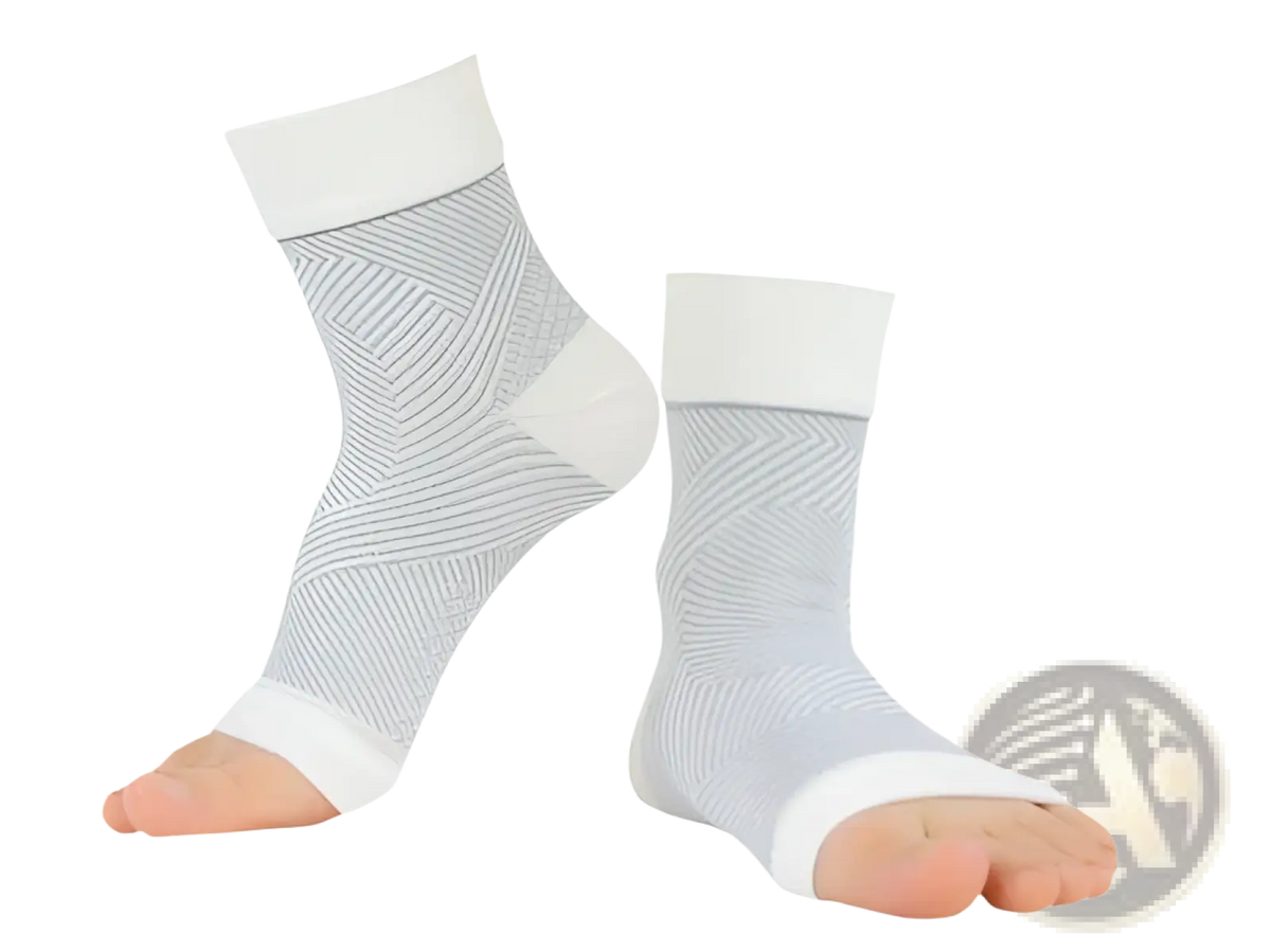Athletic ankle compression sleeve support socks in gray and white with a textured ribbed pattern