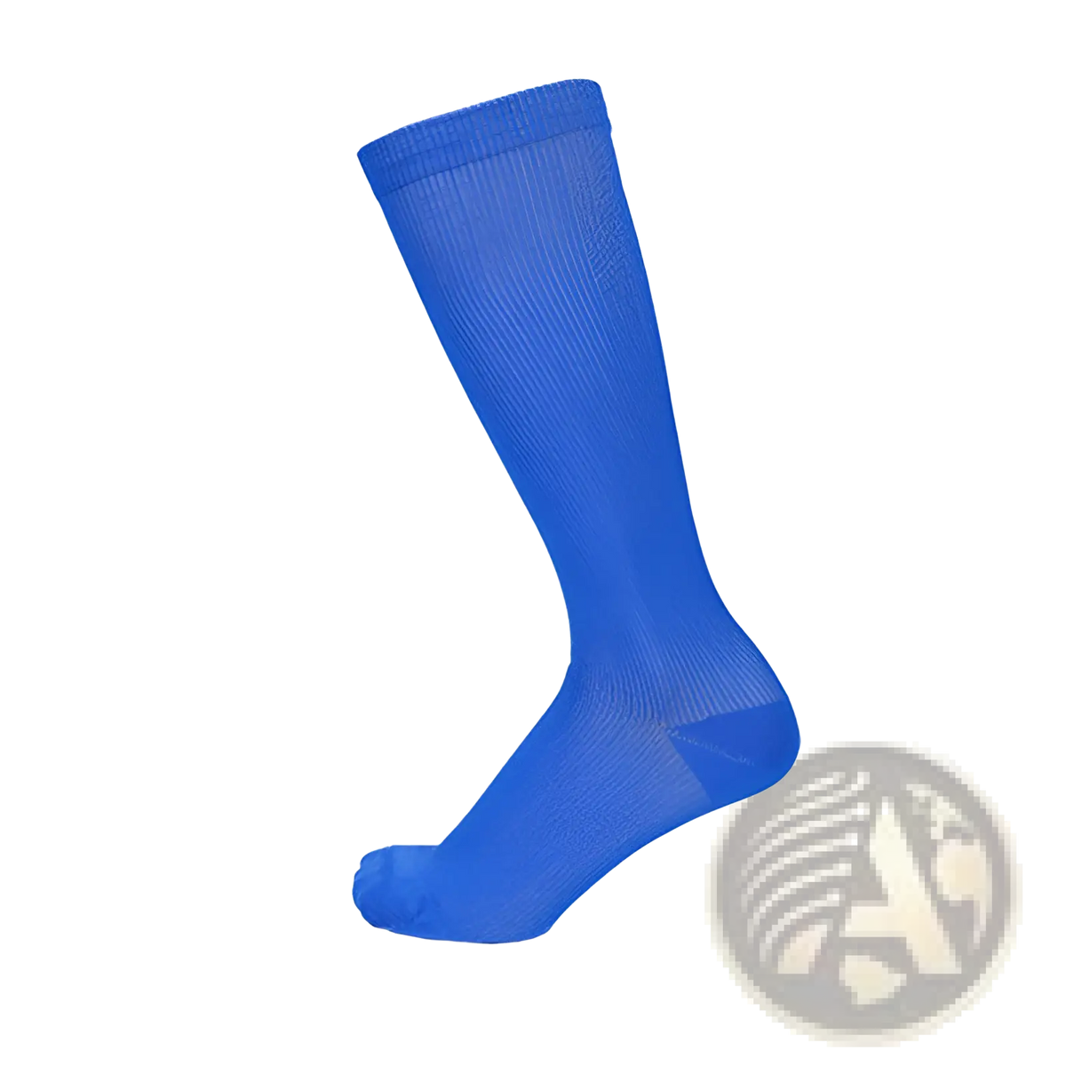 Bright blue athletic compression knee high sock with ribbed texture and reinforced toe for enhanced support