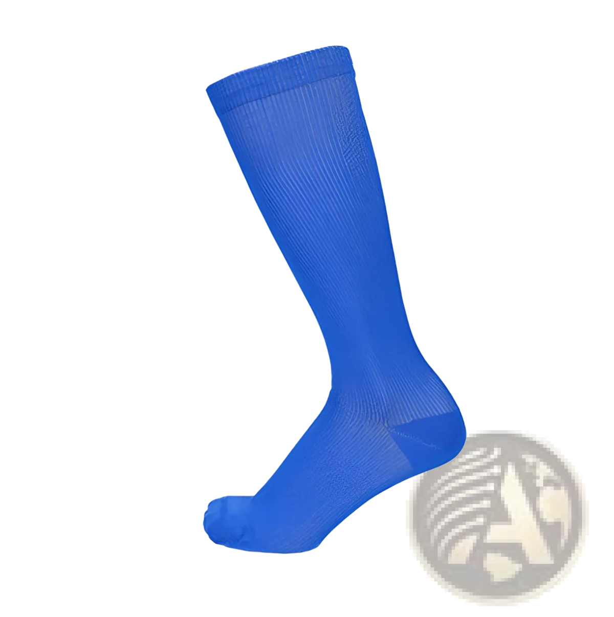 Athletic compression knee high socks in bright blue with ribbed texture and reinforced heel for enhanced support